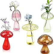 Shengsenfu Mushroom Glass Flower Vase Set - 5 Colorful Plant Propagation Stations Small Plant Terrarium Jars Cute Hydroponic Indoor Planters Garden & Office Decoration Transparent Glass Containers