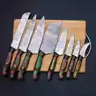 HAND FORGED DAMASCUS Chef set of 8pcs,Kitchen knives set with leather sheath