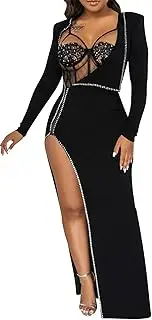 [Recious] Womens Sexy 2 Pieces Lace Mesh Bodysuit Shirts Rhinestone Bodycon Party Clubwear Prom Dress Outfits Set