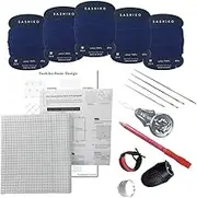 Sashiko kit, Daruma Sashiko Thread, Needles and Cotton Fabric with Grid Line Print, Marking Pencil, Thimblem and Traditional Design Sewing Set. (Complete kit / B)