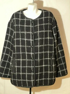Tahari Women Blazer Jacket Black White Plaid 14 XL Wool Blend Eye Lash New NWT