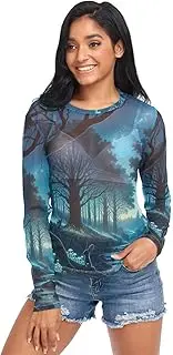 [RPLIFE] Magic Forest Long Sleeve Mesh Tops for Women, Women's Sheer Blouses S-XXL
