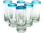 Aqua Blue Rim 2 oz Tequila Shot Glasses (set of 6), Recycled Glass, Lead-free, Toxin-Free (Shot)