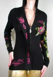 Ed Hardy Hoodie Zip-Up Hoody Sweater New Rhinestone Black Geisha, XS