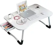 Laptop Bed Table, Portable Computer Desk Foldable Bed Tray with Bookshelf, Drawer, Card Slotand and Cup Holder, Laptop Stand Tray Table Floor Table for Eating Reading Working Camping (White)