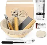 AIMALL Bread Proofing Basket Set with Glass Sourdough Starter Jar - 9 Inch Banneton Bread Baking Kit with Dough Scraper, Silicone Spatula, Feeding Tracking Band