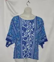 Bob Mackie Mix Floral Print Dolman Sleeve Knit Top Size S Blue