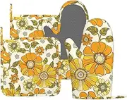 MIFSOIAVV Retro 70s Style Flower Oven Mitts and Pot Holders Sets Silicone Kitchen Mitts Potholders Heat Resistant 4Pcs Oven Gloves Hot Pads for Kitchen Baking Cooking BBQ Grilling