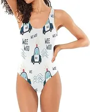 [RPLIFE] Cute Cartoon Police Cars Woman Bathing Suits, Open Back Bathing Suits for Women Basic Swimsuits for Women