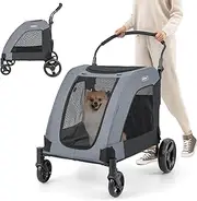 Extra Large Pet Stroller - 4-Wheel With Adjustable Handle, Folding Metal Frame, Removable Pad, Safety Belt & Storage Pocket, Jogging Carriage for Large Dog (Grey)