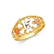 Women 14k Tri Color Gold Sweet 15 Anos Flower Heart 15 Years Band Ring