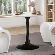 Oikiture 60cm Dining Table with Marble Top and Metal Leg, Round Kitchen Table White and Black