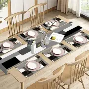 Black Grey Table Runner and Placemats Set of 6, Modern Geometric Abstract Pai...