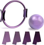 Pilates Ring Set - Premium Anti-Deformation Magic Circle with Dual Padded Handles - Includes Burst Resistant Pilates Mini Ball & Highly Elastic Resistance Bands