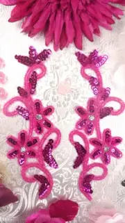 0396 Appliques Beaded Sequin Mirror Pair Sewing Motif Craft Patch Fuchsia 7"