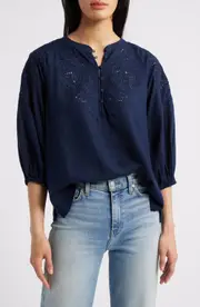 caslon(r) Embroidered Cutwork Split Neck Linen Blend Popover Top in Navy Blazer at Nordstrom, Size Large