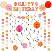 Pasimy 106 Pcs Groovy Daisy Party Decorations Set, Hippie Birthday Hanging Banners Paper Honeycombs Balls Paper Pom Poms Decor for Retro Hippie Daisy Flower Theme Birthday Party Supplies Decoration