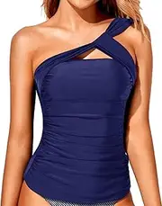 [Tempt Me] Women Tankini Top Swim Tops Ruched One Shoulder Bathing Suit Swimsuit Tops Only