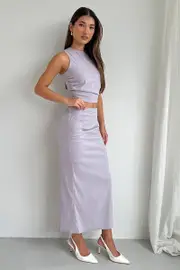 Grey Gathered Midi Skirt High Rise Bengaline Split - Size 16XL, Women's Midi Skirt