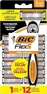 BIC Flex 5 Refillable Razors for Men, Long-Lasting 5 Blade Razors for a Smooth and Comfortable Shave, 1 Handle and 12 Cartridges, 13 Piece Shaving Kit