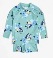 Boys size 3 Bluey green long sleeve rash vest bather bottoms swim set NEW