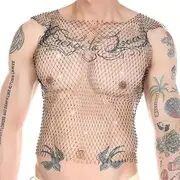 [CATOR] Tank Top Men Mesh Crop Top Transparent Shiny Mesh Shirt Fishnet Rhinestones Cover Up Crystal Sheer Mesh Top Hollow Out Sparkle Club Wear Sexy Sequins Mesh Top M Black