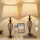 Table Lamp for Bedroom Set of 2 with USB C+A Brown Base + Beige Lampshade