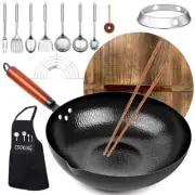 Carbon Steel Wok Pan, 14 Piece Woks & Stir-Fry Pans Set with Wooden Lid Cookw...