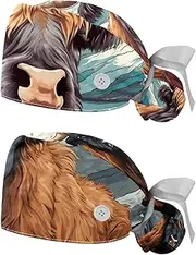 [YTYVAGT] 2-Pc,Nurse Scrub Caps,Scrub Hats with Buttons and Cotton Sweatband,Animal Cow Art Pattern