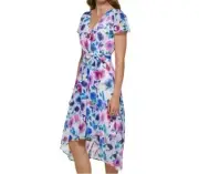 DKNY White Floral Dress Long Size 16 Short Sleeve Fit Flare Chiffon V Neck