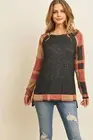 Women's Brush Hacci Plaid Contrast Long Back Hem Top