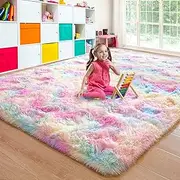 junovo Soft Rainbow Area Rugs for Girls Room, Fluffy Colorful Rugs Cute Floor Carpets Shaggy Playing Mat for Kids Baby Girls Bedroom Nursery Home Decor, 6ft x 9ft Tie-Dyed Rainbow