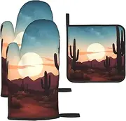 3 pcs Oven Mitts and Pot Holders Set 500°F Heat Resistant Oven Gloves and Hot Pads Kitchen Mittens Desert with Cactus Cooking Gloves Potholders for Baking Grilling