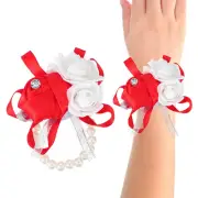 2 Pcs Wrist Corsage Silk Rose Pearls Wedding Bridesmaid Red
