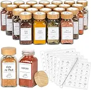 AuroTrends Glass Spice Jars with Bamboo Lids 6oz 24Pack, Spice Jars with Label Complete Set-6oz Spice Containers with Blank & Pre-printed Spice Labels and Straw Brush (6oz 24Pack, Bamboo Lids)