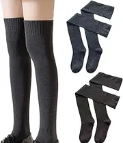 [Zeaicos] Knee High Socks for Women, 2Pairs Casual Cotton Thigh High Socks Over the Knee Socks Long Knitted Warmer Socks, Black and Grey, One size