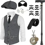 WILDPARTY 20s Costume Men's Vest with Accessories, Foldable Crutch Pocket Watch Beard Fedora Glasses Tie for Mafia Costume 1920s Gangster Peaky Blinders Carnival Halloween Theme Party, darkgray