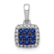 Solid 14k White Gold Simulated CZ and Sapphire Square Halo Pendant