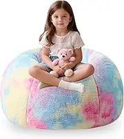 LPMOERA Faux Fur Comfy Bean Bag Chairs Cover (No Filler) for Kids Stuffed Animal Storage Bean Bag Cover for Organizing Plush Toys or Textile Rainbow