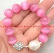 Huge 14MM Pink Opal Cat's Eye Gems White Keshi Baroque Pearl Bracelet 7.5'' AAA