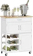 HOMCOM Bar Cart Rolling Kitchen Island on Wheels with 9-Bottle Wine Rack, Small Kitchen Cart with Wide Drawer, Kitchen Storage Cabinets, Wooden Countertop, White