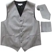 New Men's Tuxedo Vest Vertical Stripes Necktie Hankie set formal wedding Gray