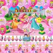 Princess Peach Party Decorating Set - Backdrop Banner Latex Balloons Cake Cupcake Toppers Tablecloth