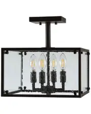 JONATHAN Y Paysan 13in 4-Light Iron/Seeded Glass Rustic Farmhouse LED Flush Mount