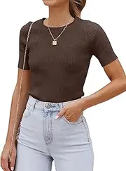 [Cuptacc] T-Shirt Women's Short Sleeve Crew Neck Slim Fit Knitted Plain Tops Summer Basic Shirts, Coffee, L