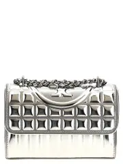 [Tory Burch] Tory Burch-Fleming Metallic Square Quilt Borse A Spalla E Tracolla Silver-Donna OS Silver