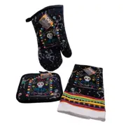 NWT Halloween Day of The Dead Sugar Skulls Oven Mitt 2 Potholders Kitchen Towel