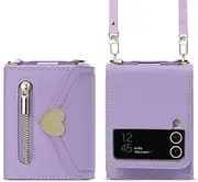 [SZHAIYU] Women Wallet Purse for Samsung Galaxy Z Flip 4 5G Case Crossbody with Credit Card Holder Strap Lanyard Kickstand Flip Leather Zipper (Purple,Z Flip 4)