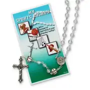 Girls White Cats Eye and Ceramic Volleyball Beads Silver-tone Sports Rosary