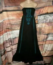RIP CURL XS NWT Black Turquoise Embroidered Peasant Tube Maxi Sun Dress Boho